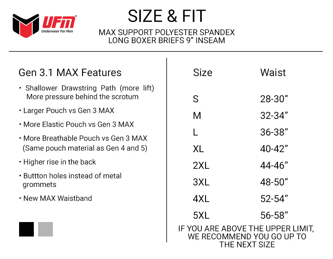 UFM Mens Underwear Brief, 9 Inch Inseam Mens Boxer Briefs, Adjustable  Support Pouch Mens Boxers, 44-46 Waist, Black